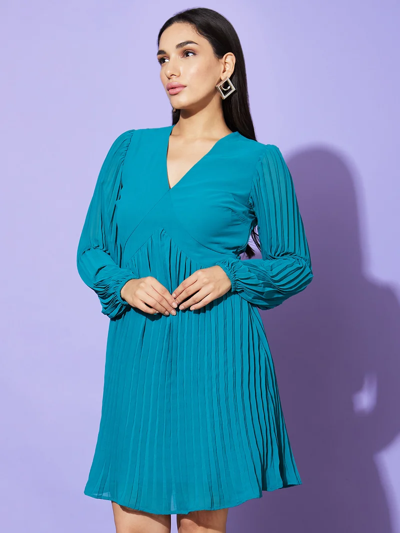 globus Globus Women Teal Blue Bishop Sleeve Georgette A Line Dress