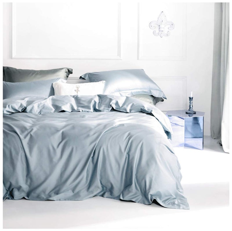 Eikei Solid Color Egyptian Cotton Duvet Cover Luxury Bedding Set High Thread Count Long Staple Sateen Weave Silky Soft Breathable Pima Quality Bed Linen Queen Fog Blue