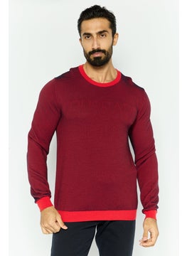Men Crew Neck Long Sleeve Textured Sweater, Red