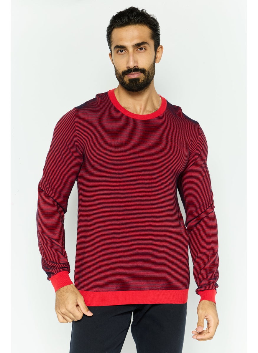 TRUSSARDI JEANS - Men Crew Neck Long Sleeve Textured Sweater, Red - Image 1