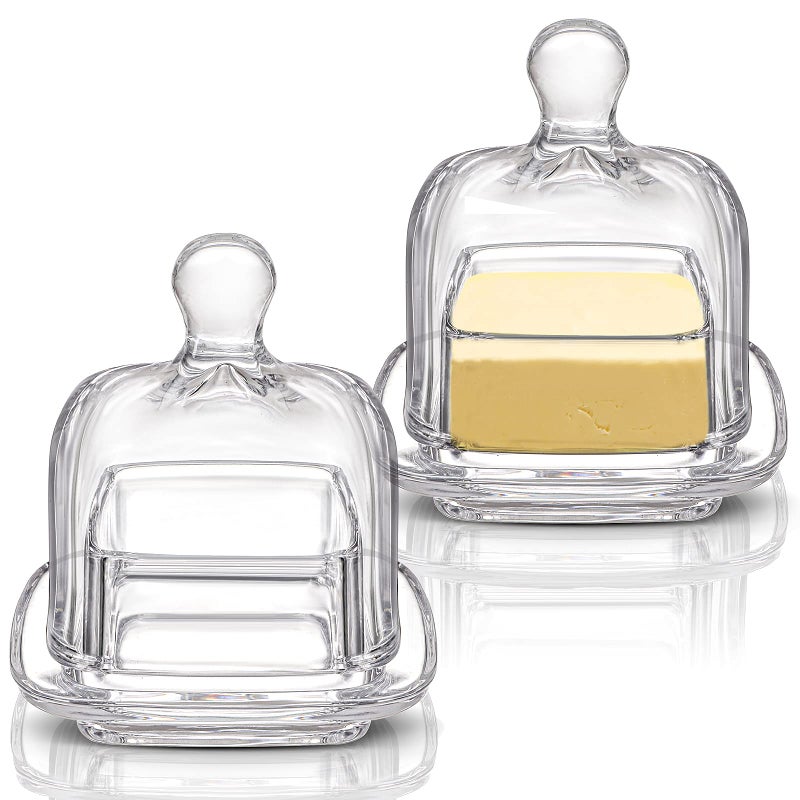ZOOFOX 2 Pack Glass Butter Dish Small Glass Butter Keeper with Lid and Easy Grip Handle Clear Butter Serving Storage Dish with Cover Square Covered Mini Butter Container