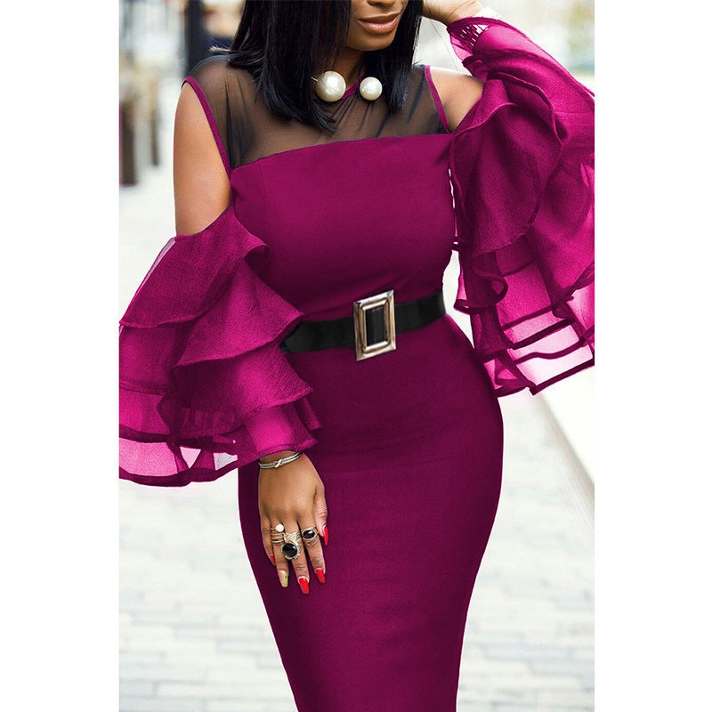 Foreign trade womens hot style dress lotus sleeve short sleeve new European and American dress belt fashion temperament Rose  - Image 1