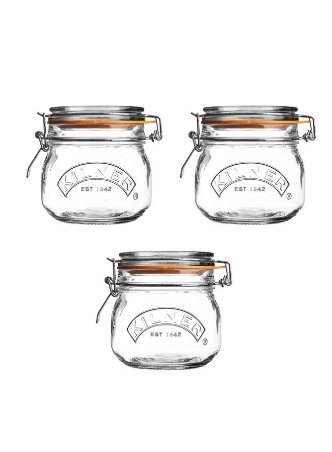 Kilner Premium Borosilicate Glass Food Storage Container Jar for Thinkitchen with Clip Top Airtight Lid, 500Ml, 3 Pc Set Round, Brown - Image 1