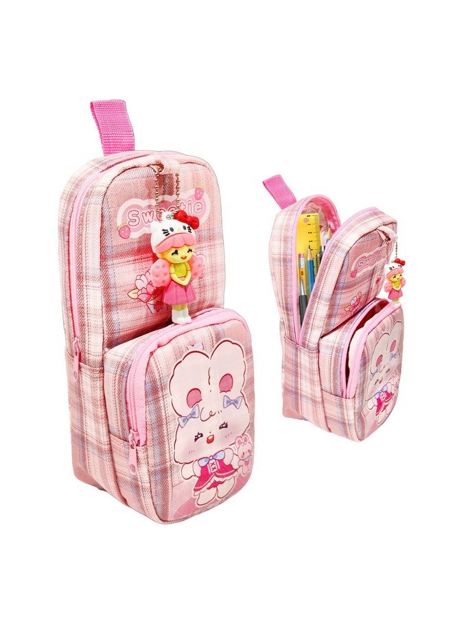 FunBlast Pencil Case for Girls, Large Capacity Hangable Double Layer Soft Fabric Pencil Case with Cartoon Figure for Girls, Kawaii Pencil Case, Aesthetic Pouch (Pink) - Image 1