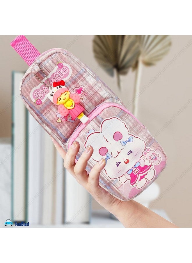 FunBlast Pencil Case for Girls, Large Capacity Hangable Double Layer Soft Fabric Pencil Case with Cartoon Figure for Girls, Kawaii Pencil Case, Aesthetic Pouch (Pink) - Image 4