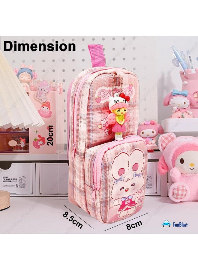 FunBlast Pencil Case for Girls, Large Capacity Hangable Double Layer Soft Fabric Pencil Case with Cartoon Figure for Girls, Kawaii Pencil Case, Aesthetic Pouch (Pink) - Image 3