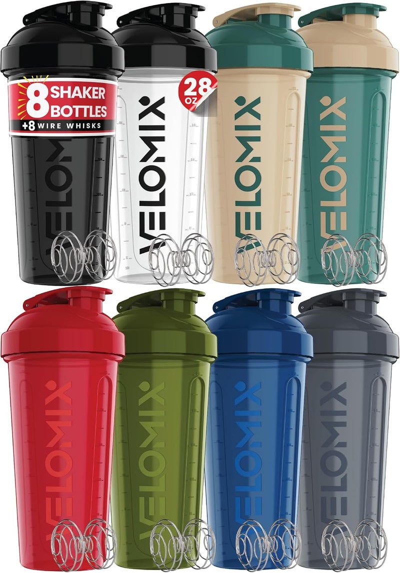 VELOMIX -8 PACK- 28 oz Protein Shaker Bottle for Protein Mixes - 8x Wire Whisk | Leak Proof Shaker Cups for Protein Shakes | Stackable Protein Shaker Bottle Pack | Dishwasher Safe - Image 1