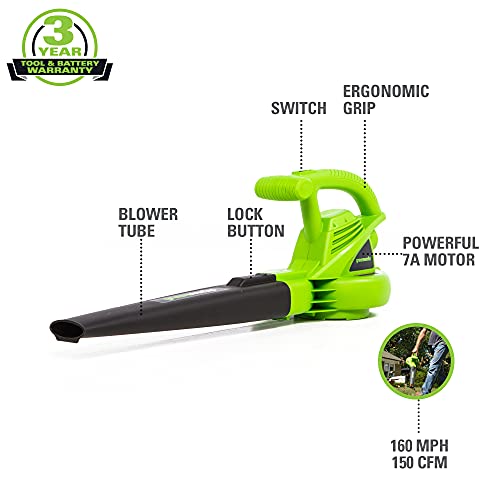 Greenworks 7 Amp 160 MPH/150 CFM Single Speed Electric Blower, 24012, green - Image 2