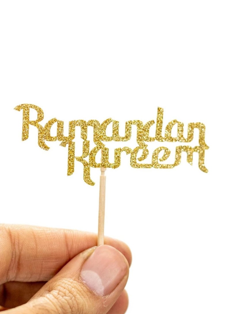 ThePartyPopper 10 Pcs Glitter Gold Ramadan Kareem Cupcake Toppers Arabic Happy Eid Cake Decorations  - Image 1