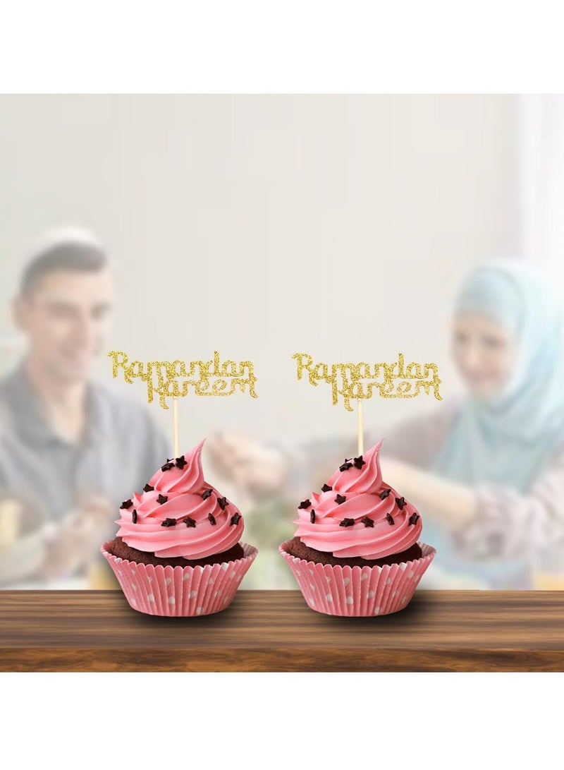 ThePartyPopper 10 Pcs Glitter Gold Ramadan Kareem Cupcake Toppers Arabic Happy Eid Cake Decorations  - Image 2