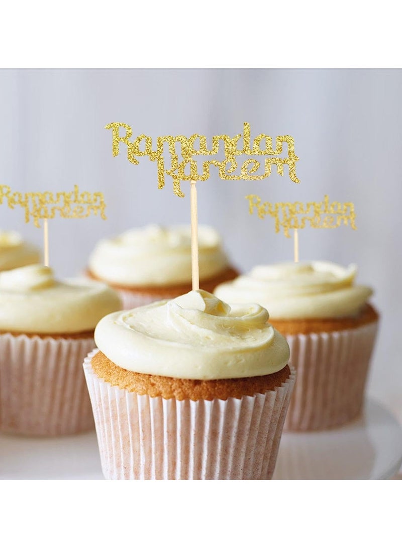 ThePartyPopper 10 Pcs Glitter Gold Ramadan Kareem Cupcake Toppers Arabic Happy Eid Cake Decorations  - Image 5