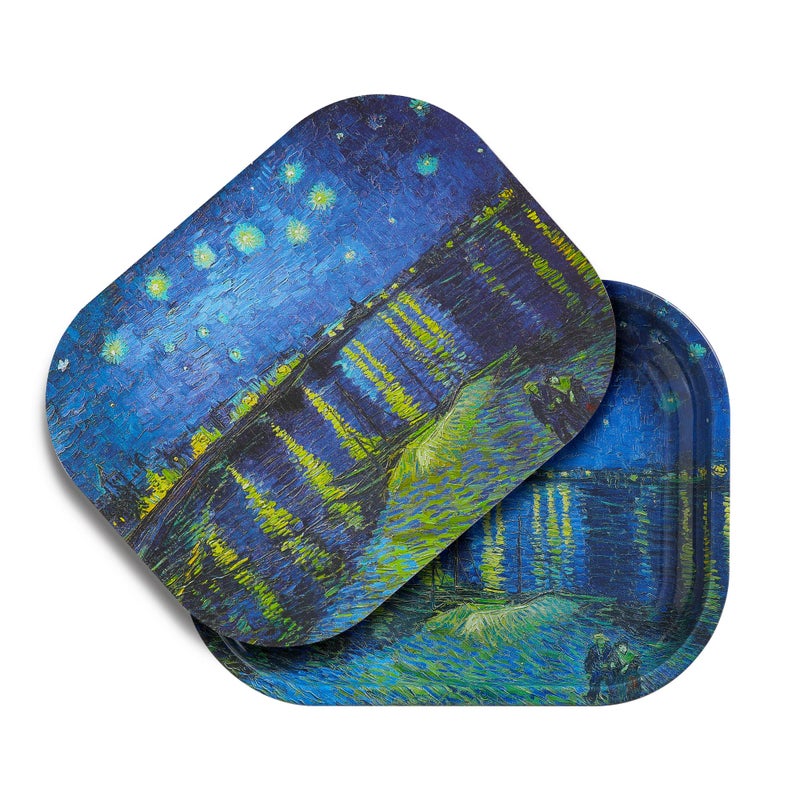 Premium Metal Decorative Tray with PVC Soft Magnetic Lid Van Gogh Art Small Tray Perfect Storage for Home or OnTheGo 7 X 55