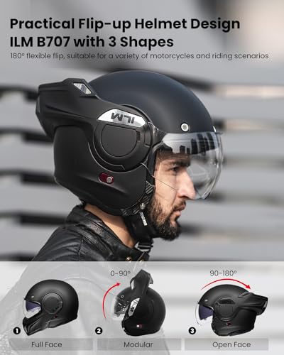 ILM Vintage Full Face Modular Motorcycle Helmet for Adults Men ATV UTV Snowmobile with 180° Reversible Chin Guard DOT Model-B707(Matte Black, L) - Image 3