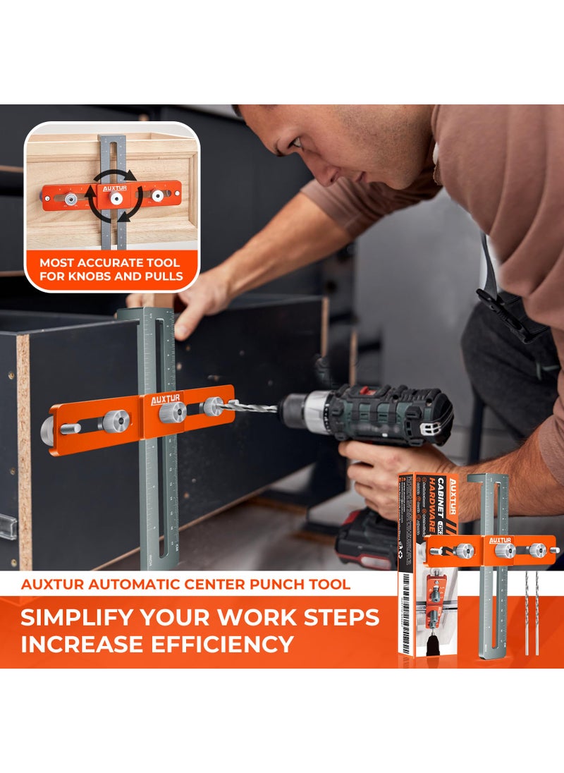AUXTUR Cabinet Hardware Jig, Adjustable Cabinet Handle Template Tool with Alignment Hole, Punch Locator Drill Guide for Knobs,Handles and Pulls, Cabinet Template Tool for Drawer Cabinet Installation