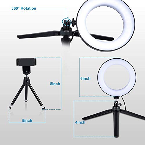 MACTREM LED Ring Light 6" with Tripod Stand for Desk YouTube Video and Makeup, Mini Camera Light with Cell Phone Holder Desktop LED Lamp with 3 Light Modes & 11 Brightness Level (6 inch) - Image 3