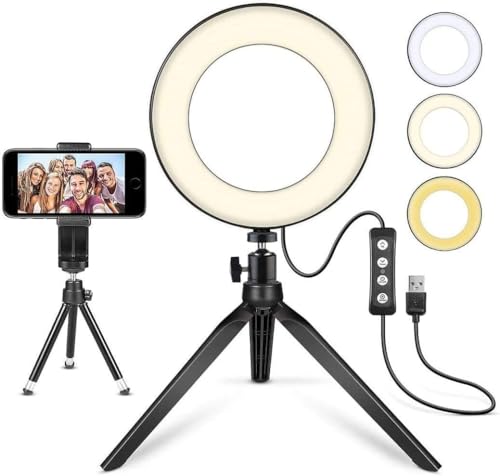 MACTREM LED Ring Light 6" with Tripod Stand for Desk YouTube Video and Makeup, Mini Camera Light with Cell Phone Holder Desktop LED Lamp with 3 Light Modes & 11 Brightness Level (6 inch) - Image 1