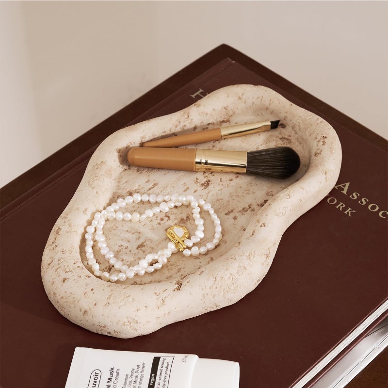 DN DECONATION Cloud-Shaped Resin Jewelry Tray, Beige Travertine Vanity Tray for Bathroom Countertop, Trinket Candle Dish, Perfume Holder, Decorative Ottoman Tray for Home Decor Coffee Table Dresser - Image 2