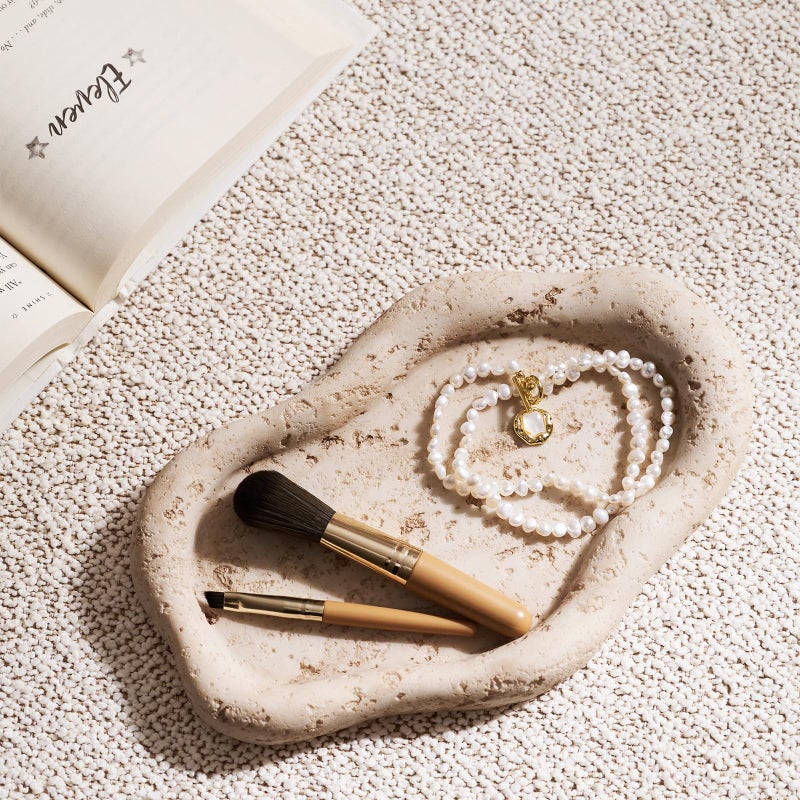DN DECONATION Cloud-Shaped Resin Jewelry Tray, Beige Travertine Vanity Tray for Bathroom Countertop, Trinket Candle Dish, Perfume Holder, Decorative Ottoman Tray for Home Decor Coffee Table Dresser - Image 5