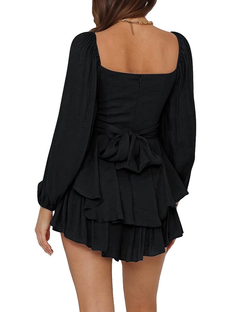 LYANER Women's Jumpsuit Lantern Long Sleeve Ruffle Layer Tie Mini Short Romper Solid Black Small - Image 2