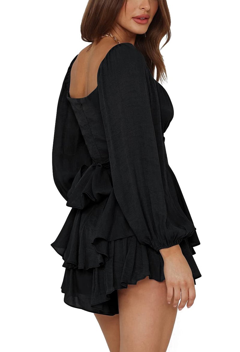 LYANER Women's Jumpsuit Lantern Long Sleeve Ruffle Layer Tie Mini Short Romper Solid Black Small - Image 3