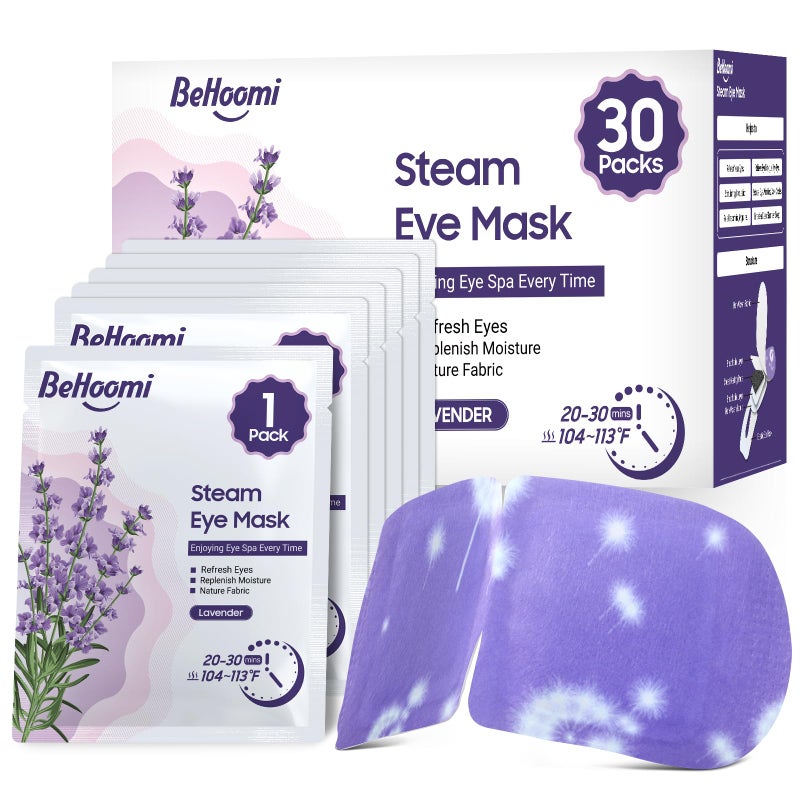 BeHoomi 30Packs Steam Eye Mask, Heated Eye Mask Warm Compress for Eyes, Self Heating Disposable Steam Mask for Home Sleep, Spa, Travel Essentials & Relaxation Gifts, Stocking Stuffers (Lavender) - Image 1
