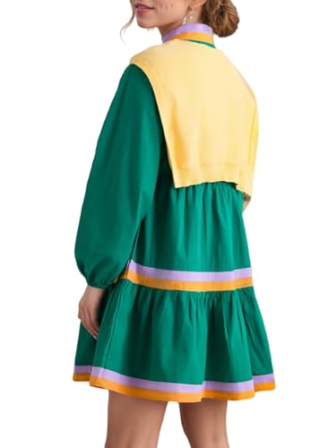 LifeShe Womens Puff Long Sleeve Babydoll Dress V Neck Striped Color Block Tiered Mini Dresses Green - Image 4
