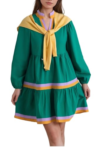 LifeShe Womens Puff Long Sleeve Babydoll Dress V Neck Striped Color Block Tiered Mini Dresses Green - Image 5