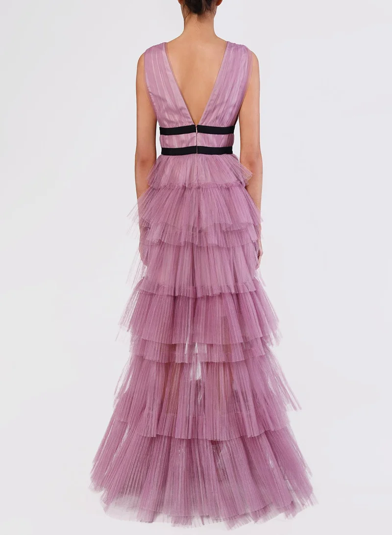 ترو ديكادينس Eliza Dark Pink Plunge Neck Layered Tulle Maxi Gown