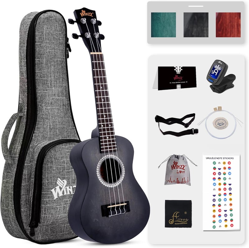 Winzz HAND RUBBED Series - Concert Ukulele Vintage Hawaiian with Bag, Tuner, Strap, Extra Strings, Fingerboard Sticker, 23 Inches, Black - Image 1
