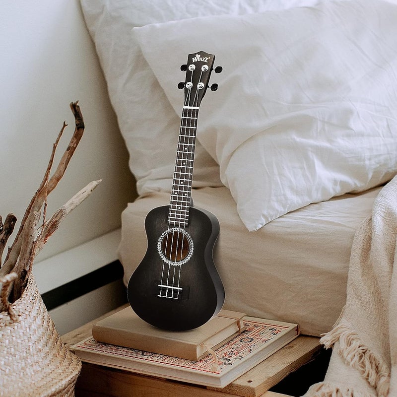 Winzz HAND RUBBED Series - Concert Ukulele Vintage Hawaiian with Bag, Tuner, Strap, Extra Strings, Fingerboard Sticker, 23 Inches, Black - Image 4