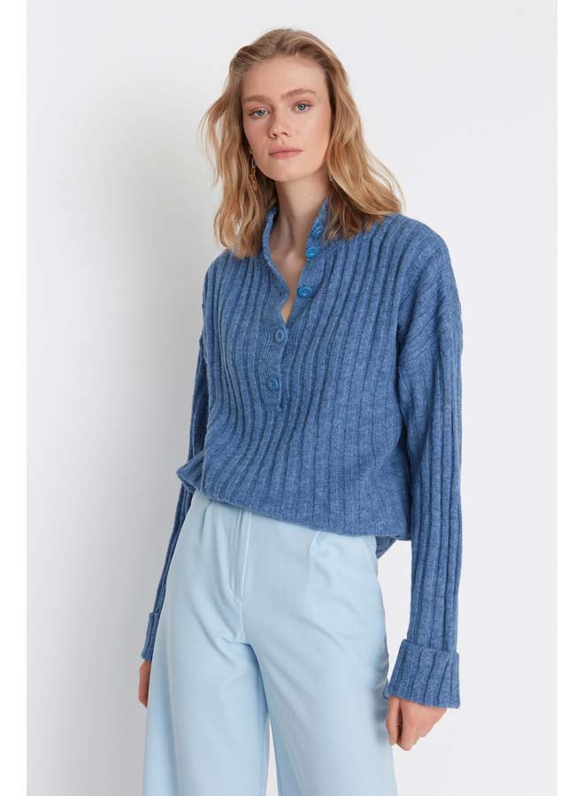 trendyol Blue Wide Fit Soft Textured High Neck Knitwear Sweater TWOAW21KZ0783 - Image 1