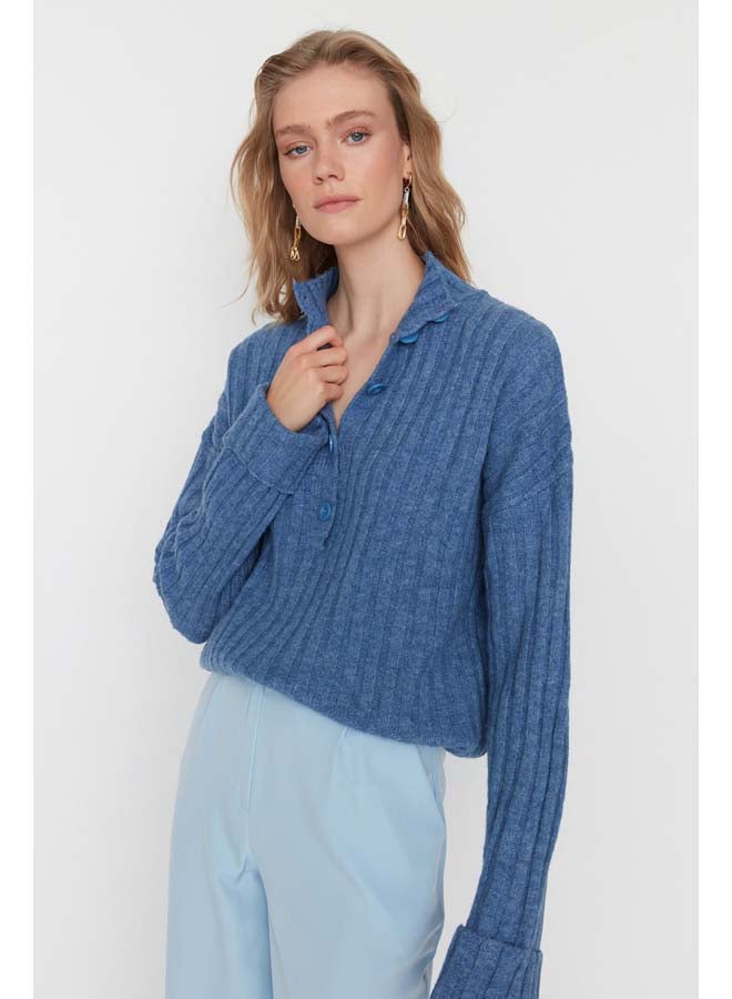 trendyol Blue Wide Fit Soft Textured High Neck Knitwear Sweater TWOAW21KZ0783 - Image 2