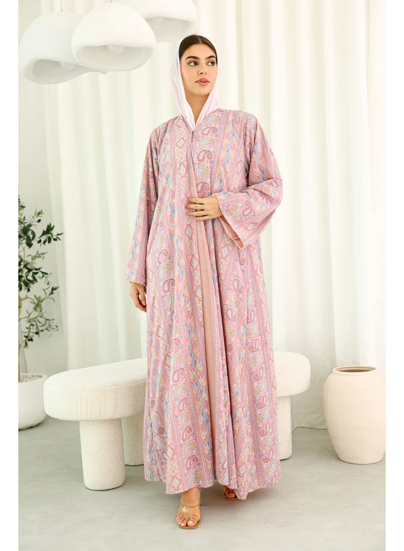 Maxi Cut Design Spring Printed Pink Abaya