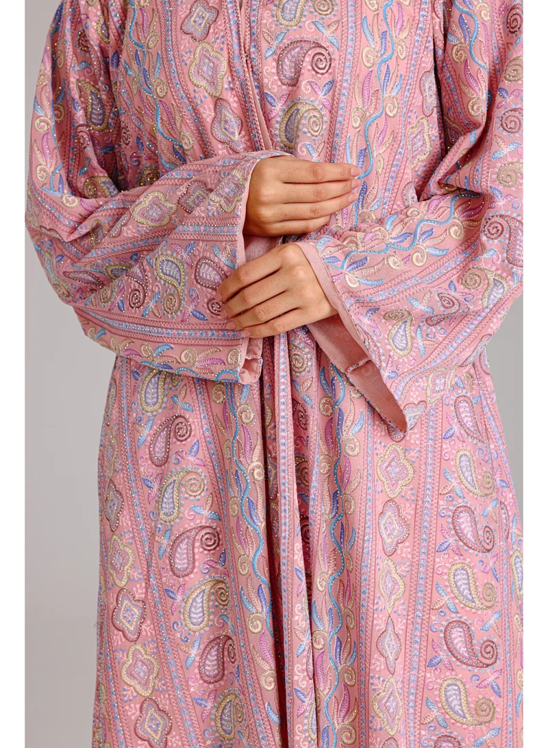 اكسا عباية قصة واسعة نقوش ربيعية وردي