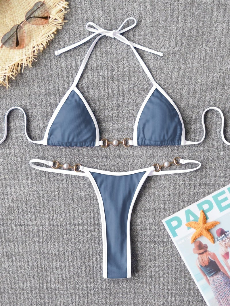 TASHEHE Women's Triangle Thong Bikini Set Sexy String Brazillian Two Piece Swimsuit Cute Bikini Bathing Suit - Blue Nova/White - Small - Image 5