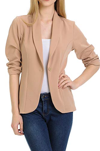 MINEFREE Women's 3/4 Ruched Sleeve Lightweight Work Office Blazer Jacket Mocha M - Image 5
