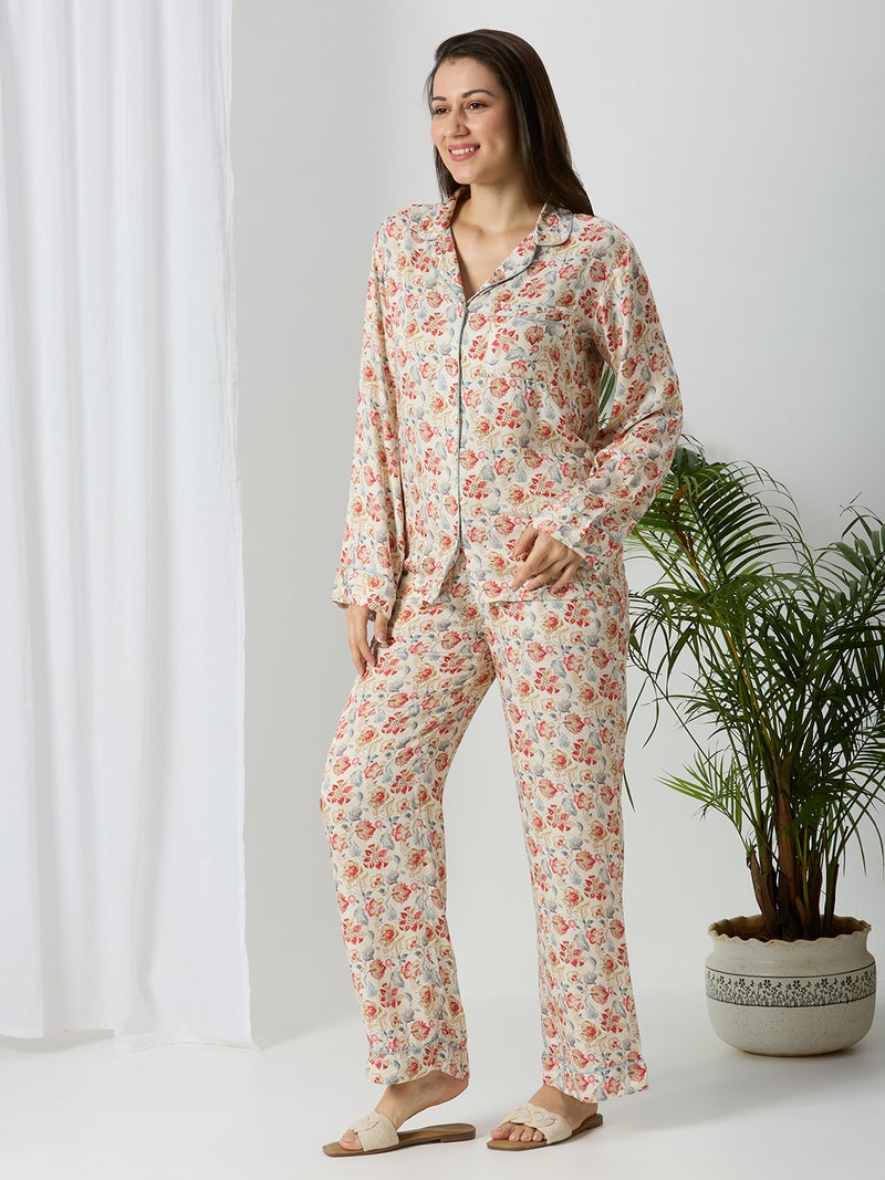 AMMARZO Women’s Floral Print Night Suit Set | Soft Modal Satin Full Sleeve Shirt & Pyjama Set | Comfortable Luxury Nightwear for Ladies | Bloom Whisper Collection - Image 2
