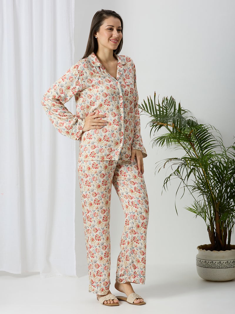 AMMARZO Women’s Floral Print Night Suit Set | Soft Modal Satin Full Sleeve Shirt & Pyjama Set | Comfortable Luxury Nightwear for Ladies | Bloom Whisper Collection - Image 3