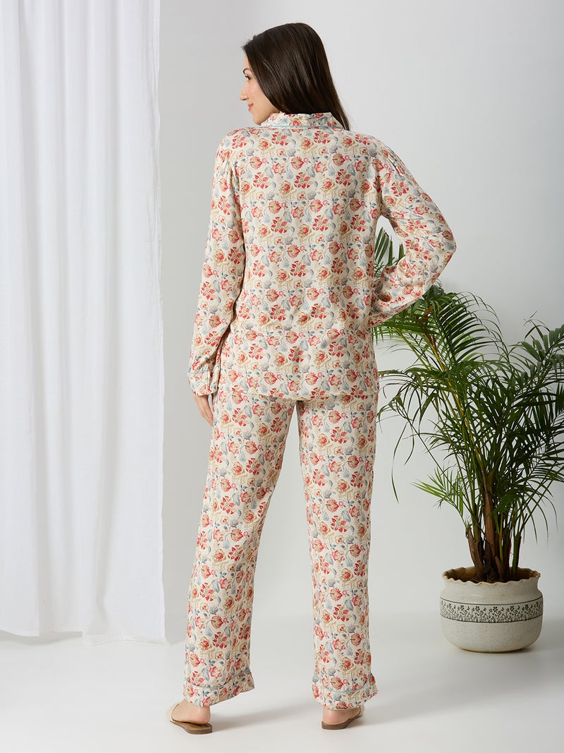 AMMARZO Women’s Floral Print Night Suit Set | Soft Modal Satin Full Sleeve Shirt & Pyjama Set | Comfortable Luxury Nightwear for Ladies | Bloom Whisper Collection - Image 4