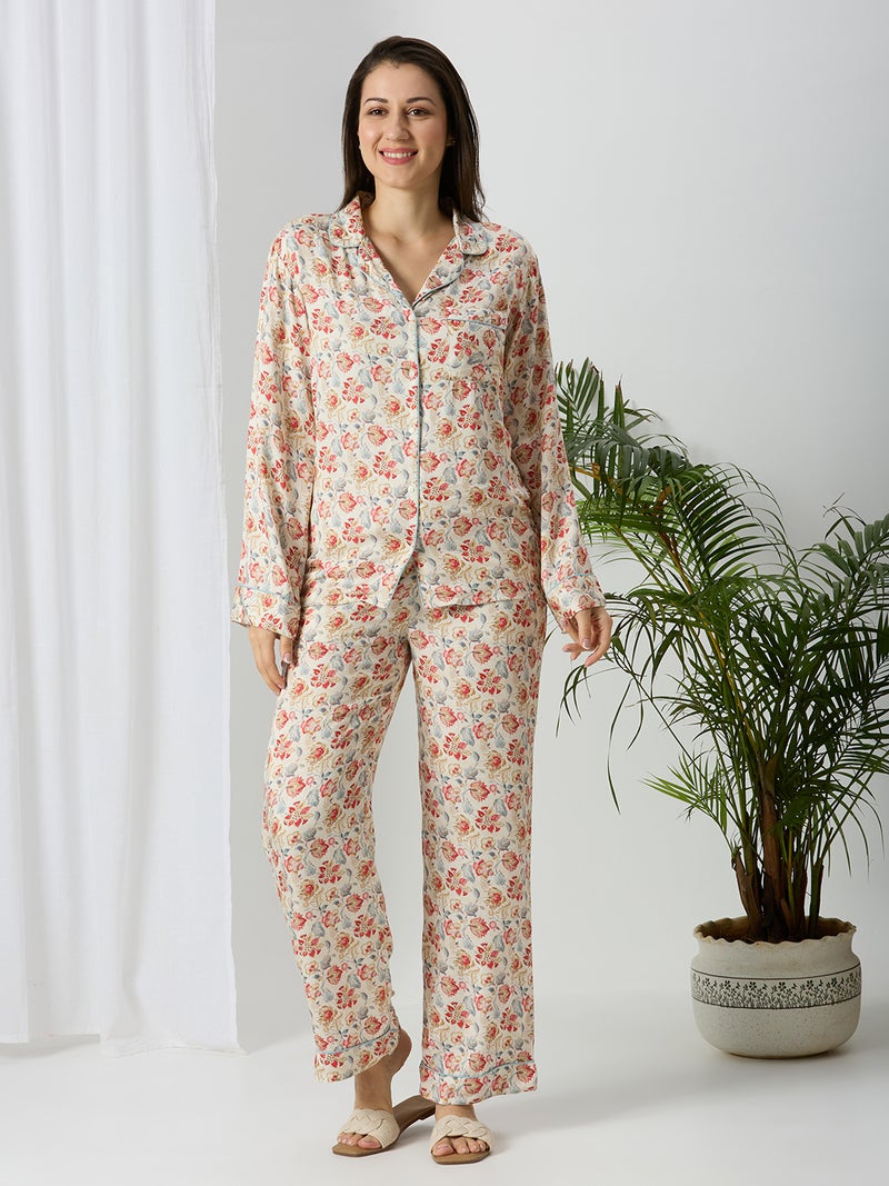 AMMARZO Women’s Floral Print Night Suit Set | Soft Modal Satin Full Sleeve Shirt & Pyjama Set | Comfortable Luxury Nightwear for Ladies | Bloom Whisper Collection - Image 1