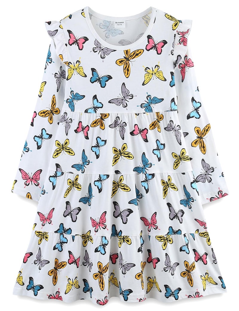 Bumeex Kids Little Girl's Dress Fall Spring Ruffle Long Sleeve Cute School Cotton Casual A-Line Dresses Outfits Clothing Clothes Vestido para NiÃ±a White Butterfly 6-7 Years - Image 1