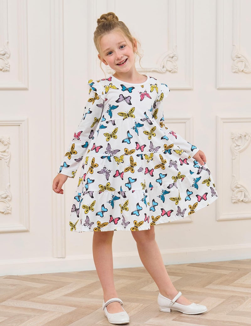 Bumeex Kids Little Girl's Dress Fall Spring Ruffle Long Sleeve Cute School Cotton Casual A-Line Dresses Outfits Clothing Clothes Vestido para NiÃ±a White Butterfly 6-7 Years - Image 3