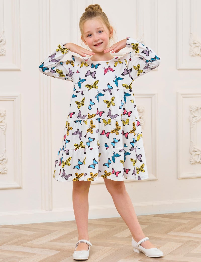 Bumeex Kids Little Girl's Dress Fall Spring Ruffle Long Sleeve Cute School Cotton Casual A-Line Dresses Outfits Clothing Clothes Vestido para NiÃ±a White Butterfly 6-7 Years - Image 2