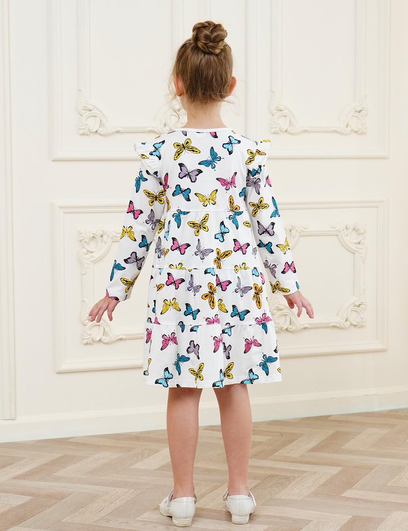 Bumeex Kids Little Girl's Dress Fall Spring Ruffle Long Sleeve Cute School Cotton Casual A-Line Dresses Outfits Clothing Clothes Vestido para NiÃ±a White Butterfly 6-7 Years - Image 5