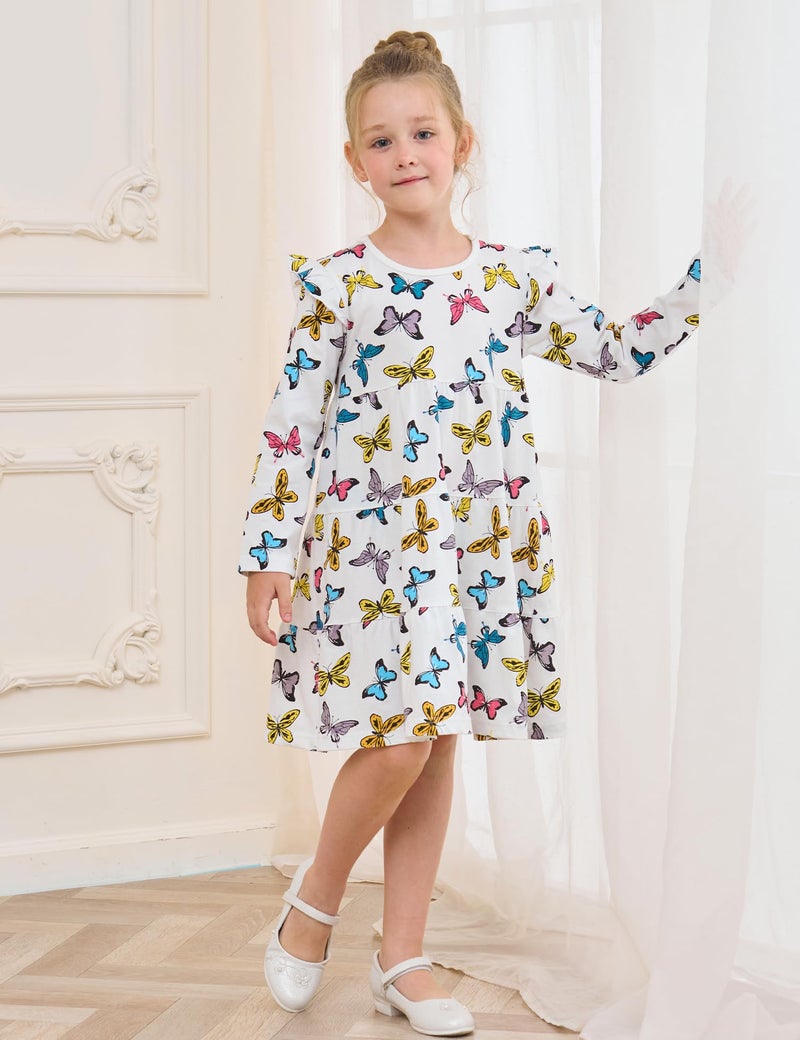 Bumeex Kids Little Girl's Dress Fall Spring Ruffle Long Sleeve Cute School Cotton Casual A-Line Dresses Outfits Clothing Clothes Vestido para NiÃ±a White Butterfly 6-7 Years - Image 4