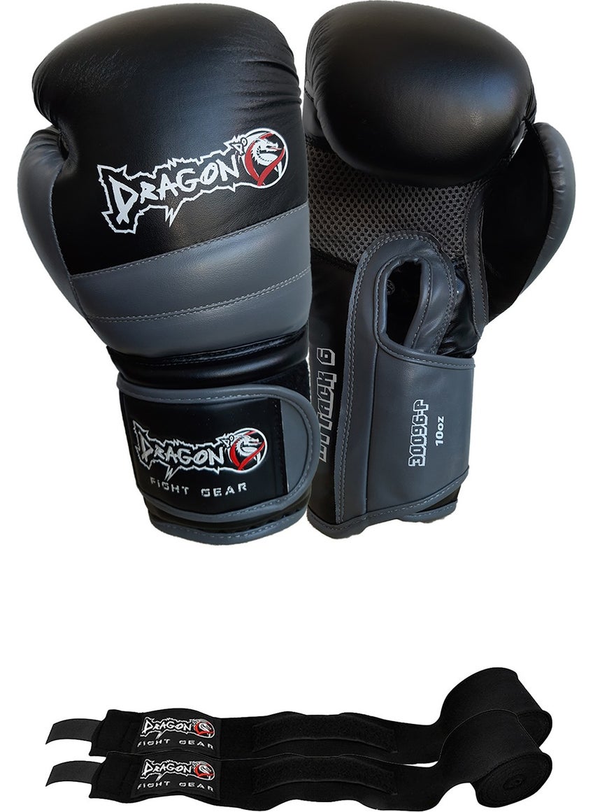 Dragon Attack 6 Boxing Gloves Kickboxing Muay Thai Boxing Gloves and Bandage Black Color Set of 2  - Image 1