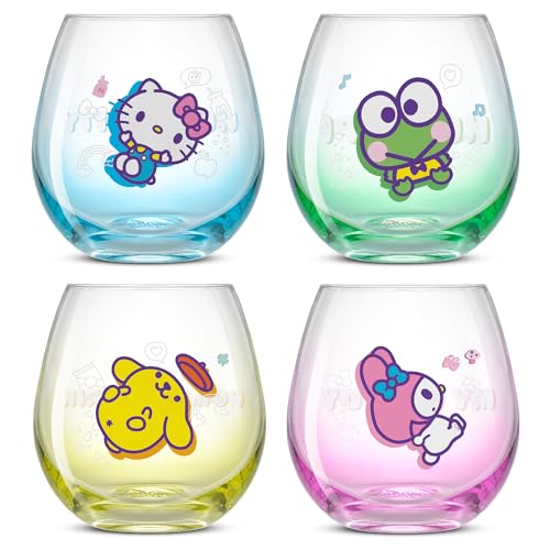 JoyJolt Hello Kitty Friends Above the Clouds Stemless Drinking Glasses 15 oz Ombre Glass Cup Set of 4 ft Hello Kitty Keroppi My Melody Pompompurin Kawaii Kitchen Glassware Sets - Image 1