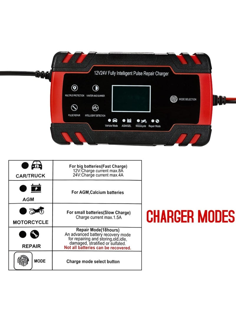 Generic 12V 24V Car Battery Charger | Portable Battery Charger for Car & Motorcycle with LCD Display | Smart Charging for AGM, GEL, WET, Lead Acid Batteries – Automotive Battery Charger for Cars, Trucks, SUVs, Boats  - Image 2