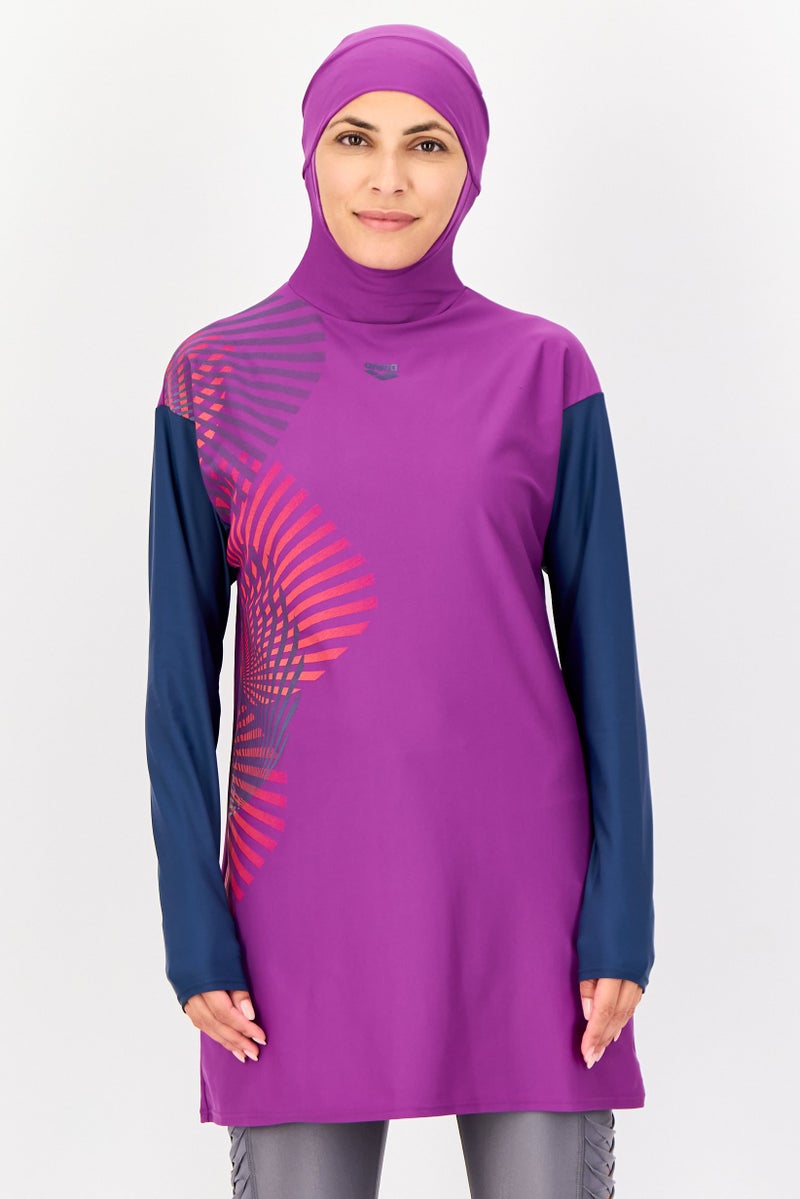 arena Women Brand Logo Hooded Rashguard, Purple - Image 1