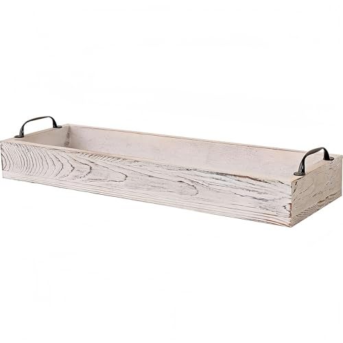 SWT8CAI Rustic Wooden Serving Trays Rectangular with Handle,Ottoman Tray for Living Room 16 Inch Long for Serving Wine(whitewashed) - Image 1